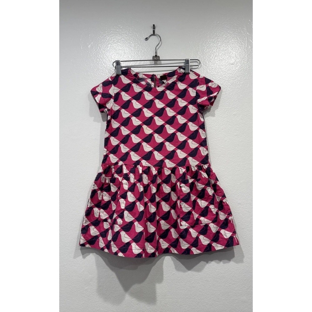TEA Collection Girls Dress Drop Waist Pink‎ Navy White Argyle Bird Print Size 6